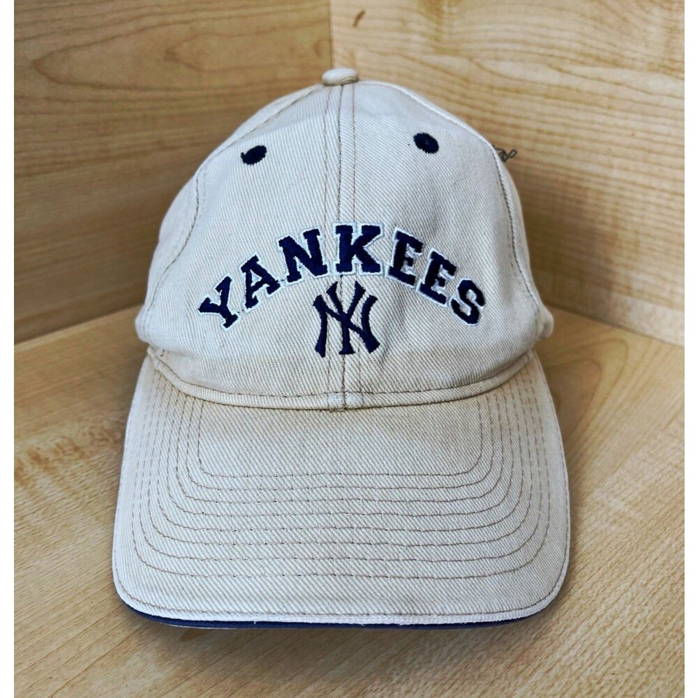 Vtg NY Yankees Hat Twins Enterprise Cream Spellout Script Strapback Cap MLB
